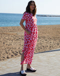 Women's Red Leaf Print Jersey Maxi Dress with Pockets Amsterdam Style