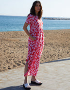 Women's Red Leaf Print Jersey Maxi Dress with Pockets Amsterdam Style