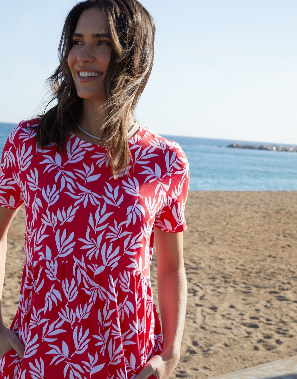 Women's Red Leaf Print Jersey Maxi Dress with Pockets Amsterdam Style