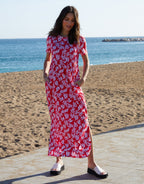Women's Red Leaf Print Jersey Maxi Dress with Pockets Amsterdam Style
