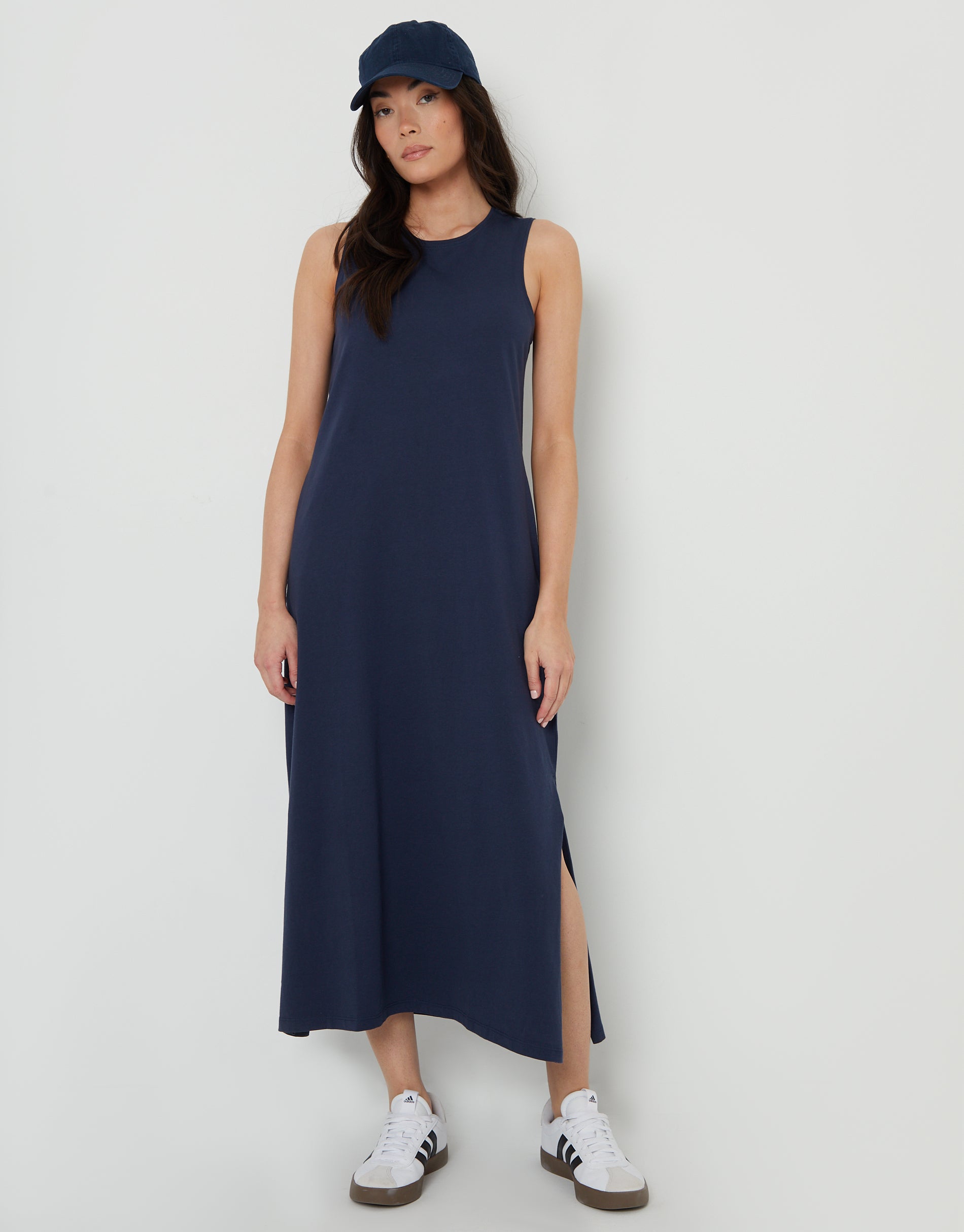 Women's Navy Sleeveless Jersey Midi Dress with Pockets Amsterdam Style