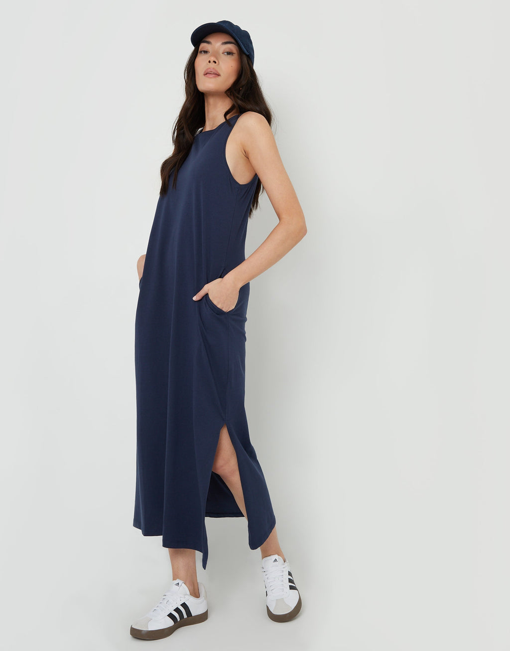 Women's Navy Sleeveless Jersey Midi Dress with Pockets Amsterdam Style