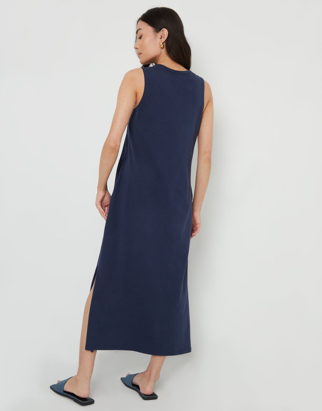 Women's Navy Sleeveless Jersey Midi Dress with Pockets Amsterdam Style