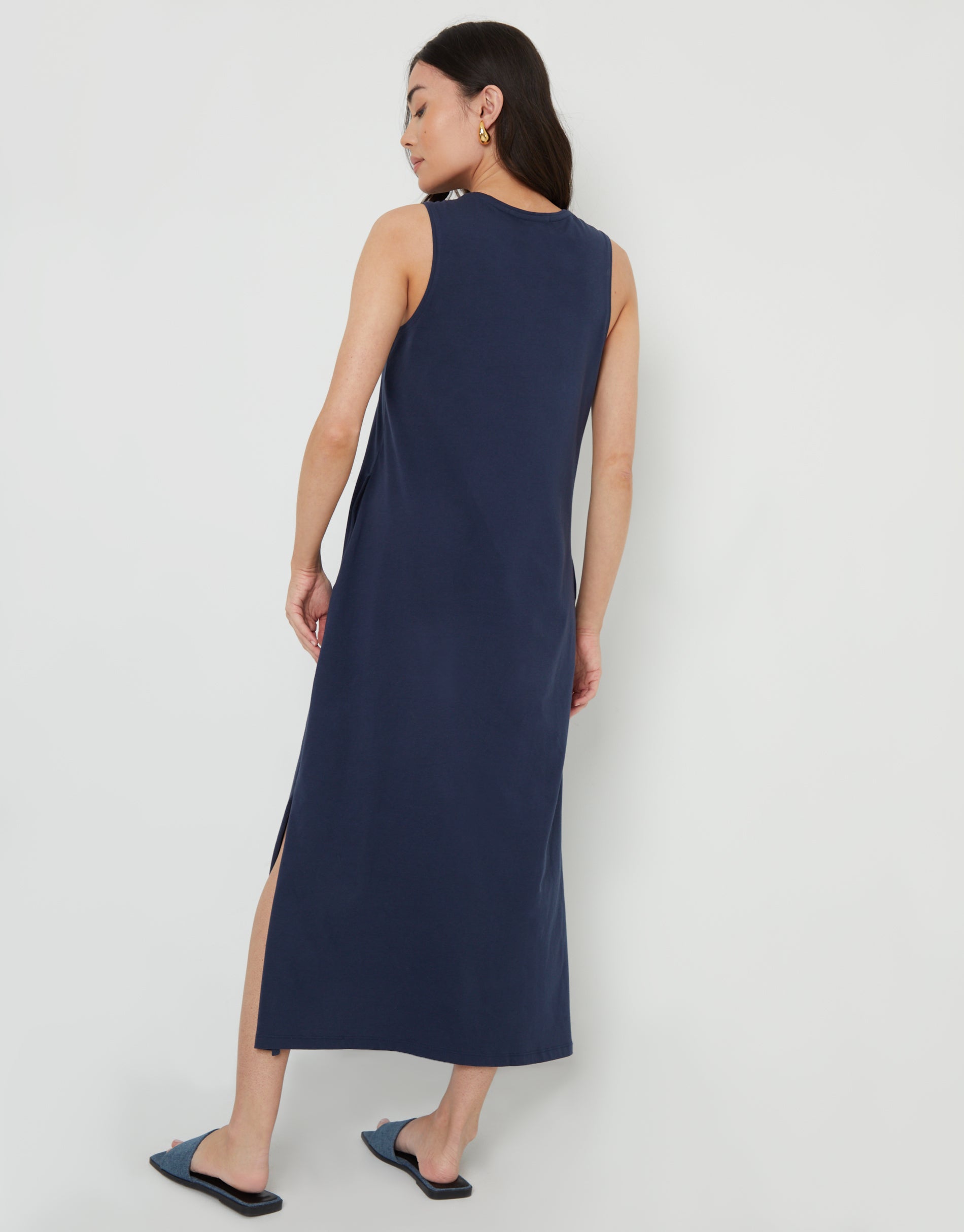 Women's Navy Sleeveless Jersey Midi Dress with Pockets Amsterdam Style