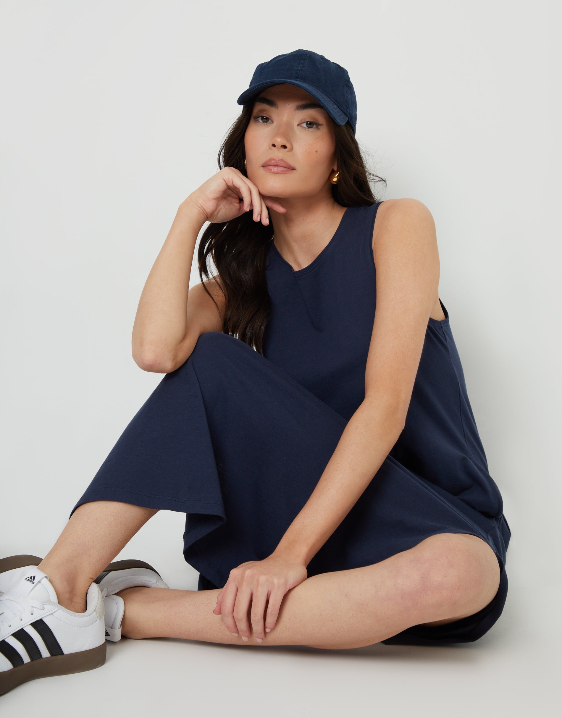 Women's Navy Sleeveless Jersey Midi Dress with Pockets Amsterdam Style