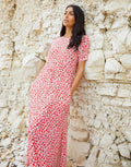 Women's Red Floral Ruched Waist Jersey Midi Dress with Pockets Amsterdam Style