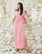 Women's Red Floral Ruched Waist Jersey Midi Dress with Pockets Amsterdam Style