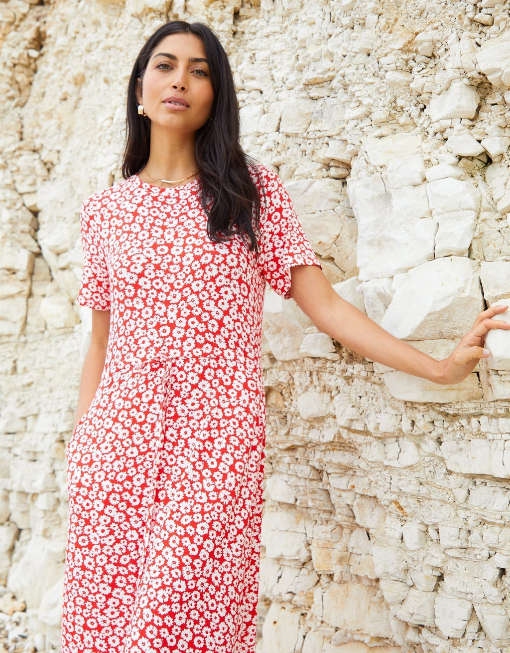 Women's Red Floral Ruched Waist Jersey Midi Dress with Pockets Amsterdam Style