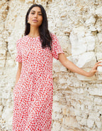 Women's Red Floral Ruched Waist Jersey Midi Dress with Pockets Amsterdam Style