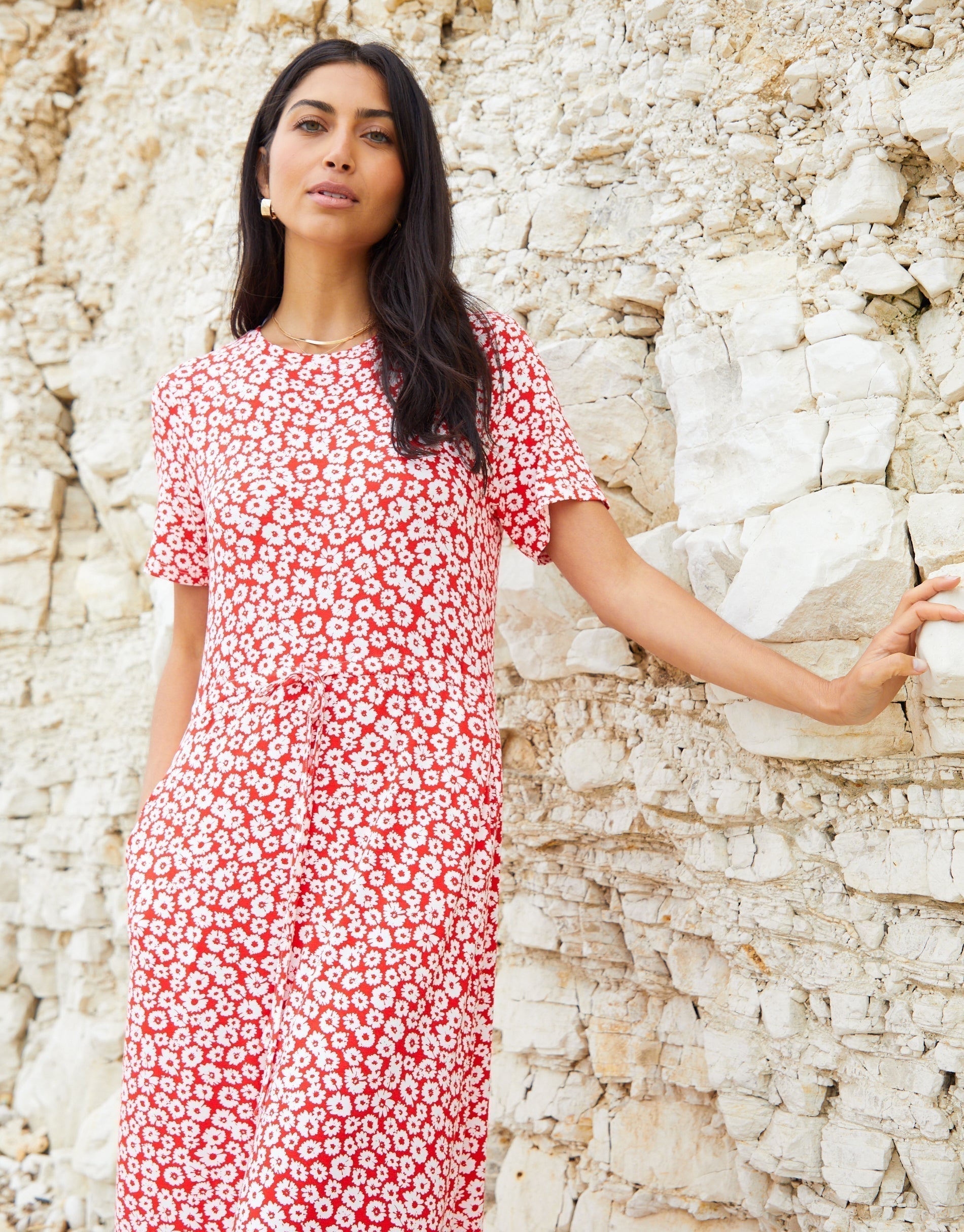Women's Red Floral Ruched Waist Jersey Midi Dress with Pockets Amsterdam Style