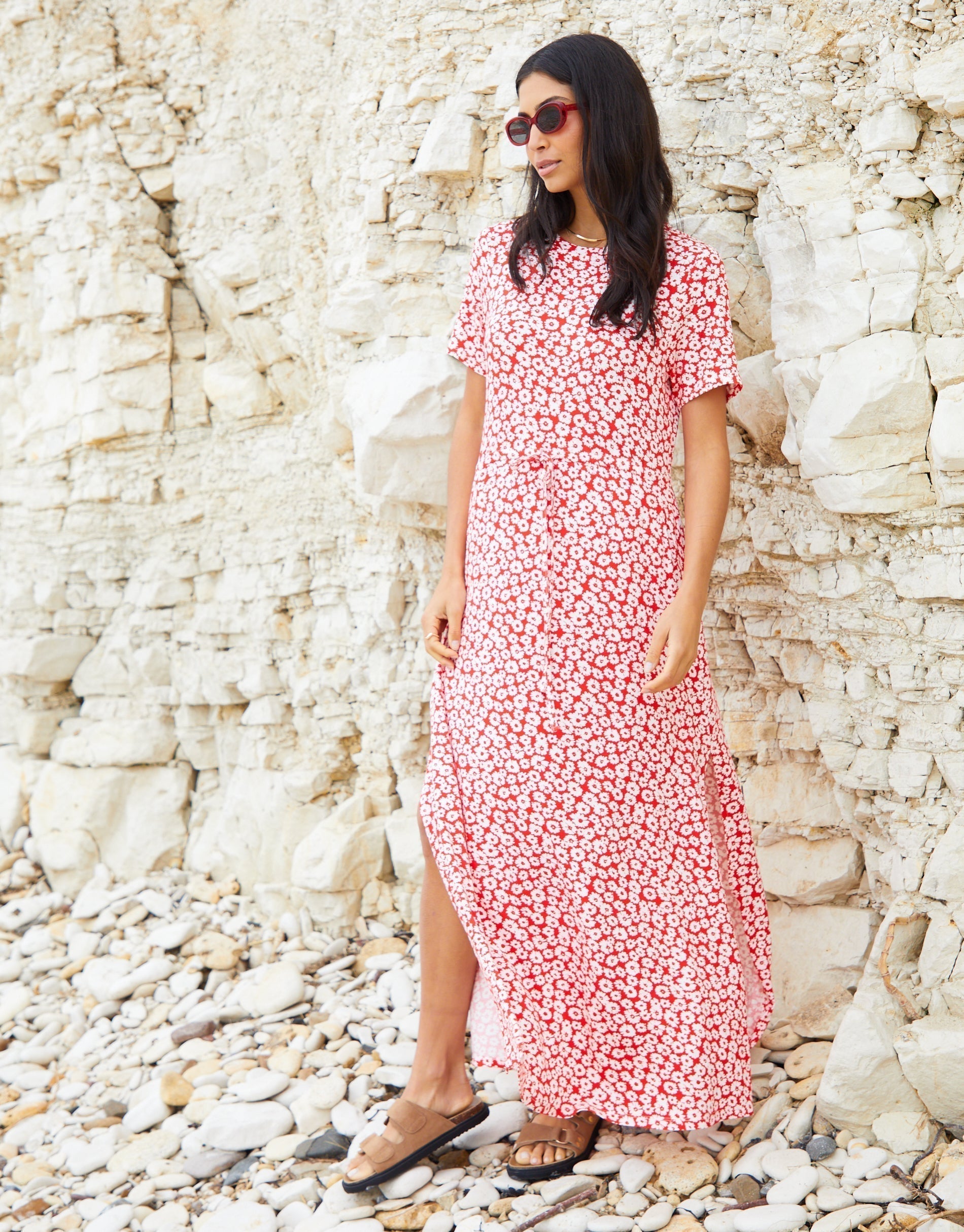 Women's Red Floral Ruched Waist Jersey Midi Dress with Pockets Amsterdam Style