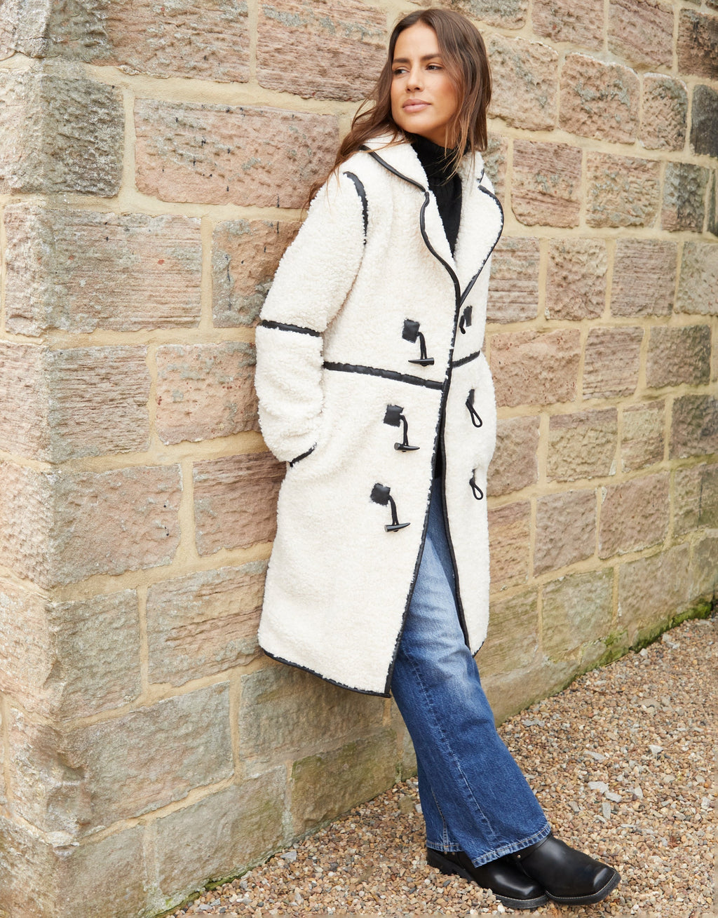 Women's Ecru Longline Fleece Borg Toggle Coat Amsterdam Style