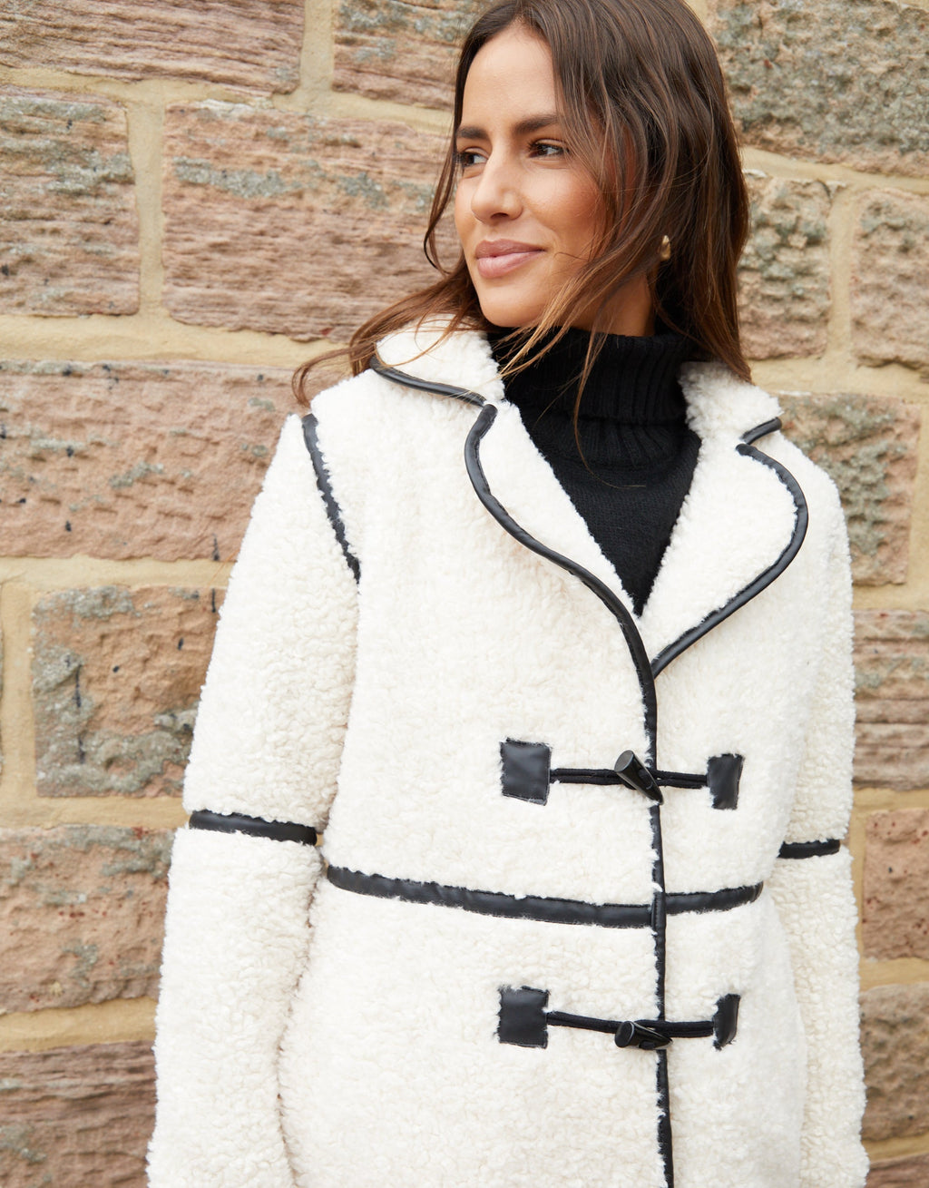 Women's Ecru Longline Fleece Borg Toggle Coat Amsterdam Style