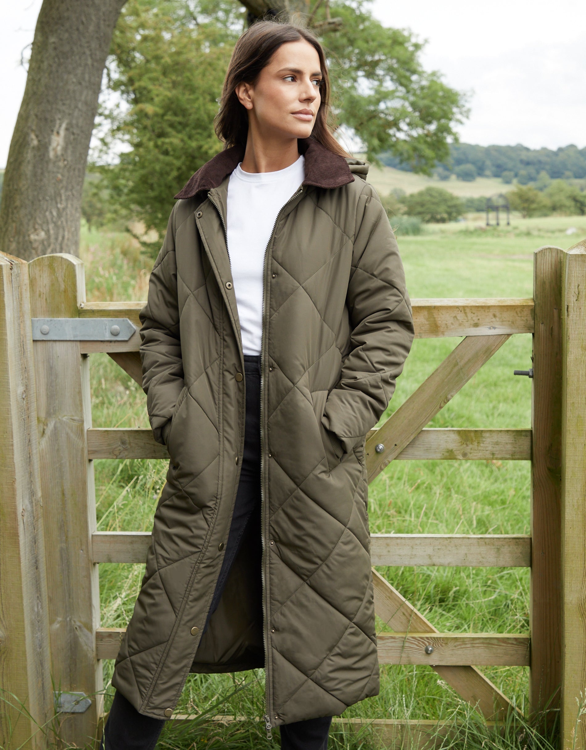 Women's Khaki Diamond Quilted Heritage Longline Barn Jacket with Removable Hood Amsterdam Style