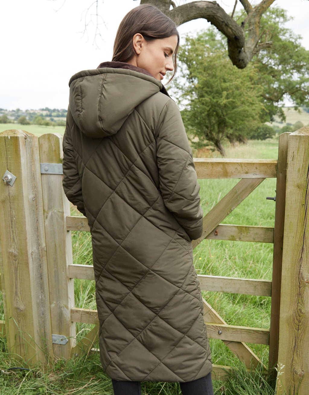 Women's Khaki Diamond Quilted Heritage Longline Barn Jacket with Removable Hood Amsterdam Style