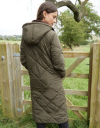 Women's Khaki Diamond Quilted Heritage Longline Barn Jacket with Removable Hood Amsterdam Style
