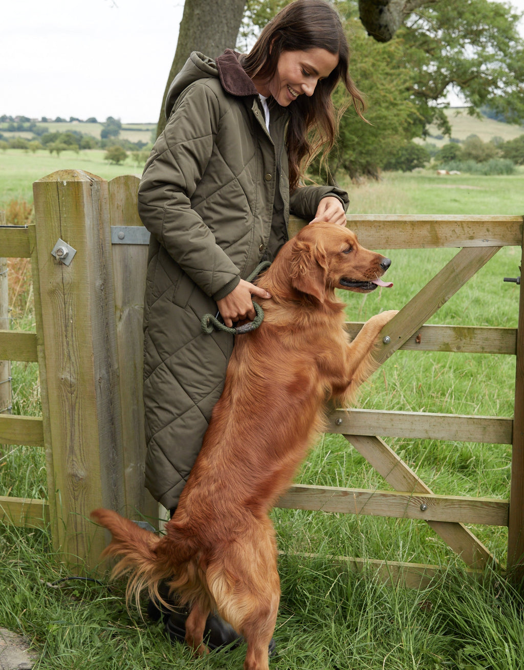 Women's Khaki Diamond Quilted Heritage Longline Barn Jacket with Removable Hood Amsterdam Style