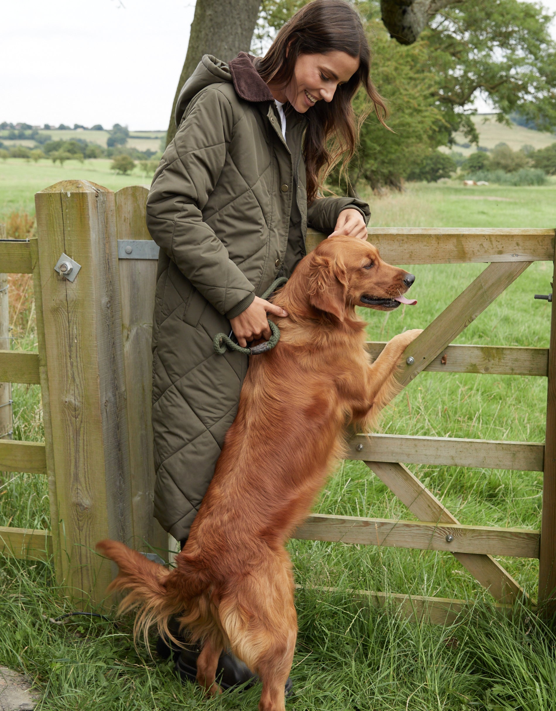 Women's Khaki Diamond Quilted Heritage Longline Barn Jacket with Removable Hood Amsterdam Style