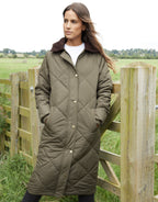 Women's Khaki Diamond Quilted Heritage Longline Barn Jacket with Removable Hood Amsterdam Style