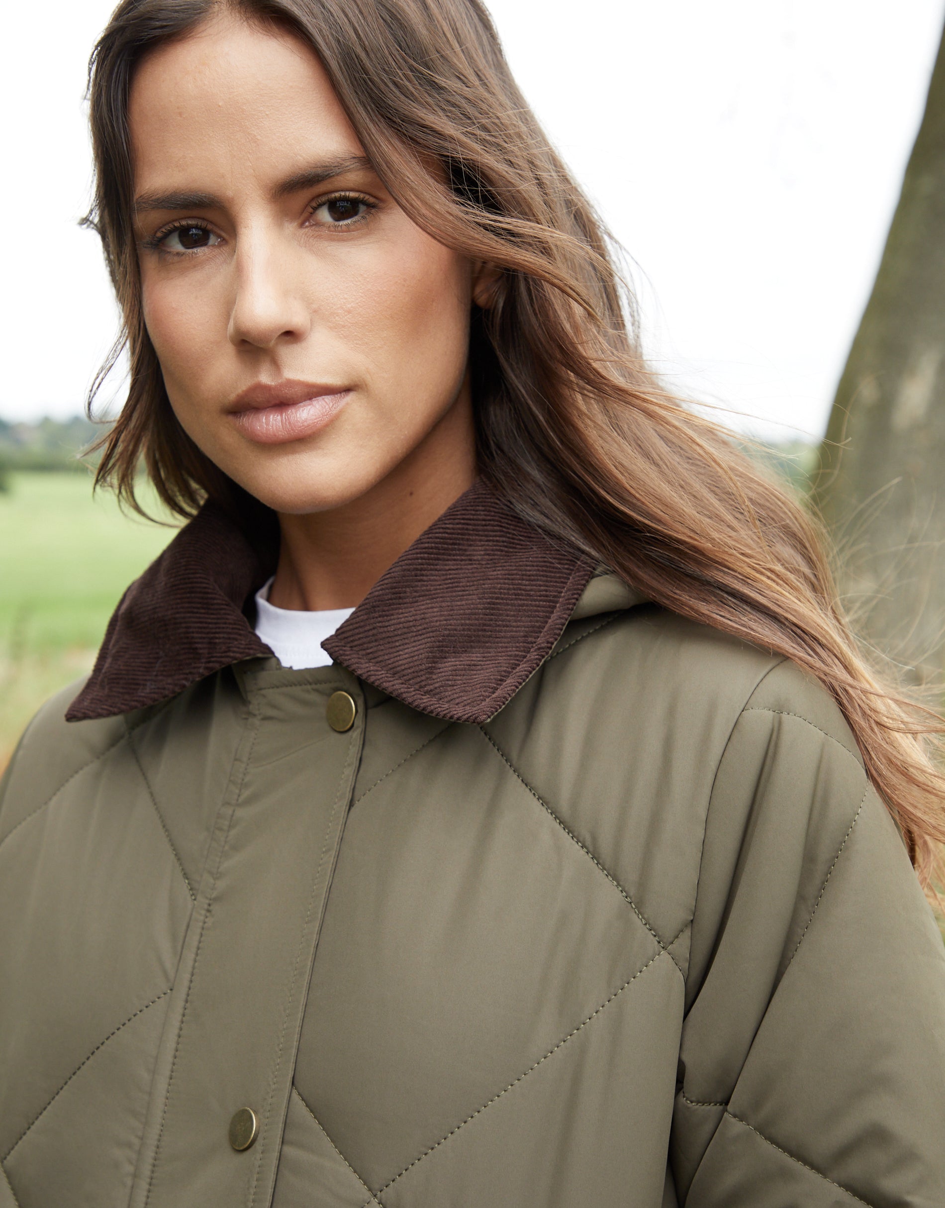 Women's Khaki Diamond Quilted Heritage Longline Barn Jacket with Removable Hood Amsterdam Style