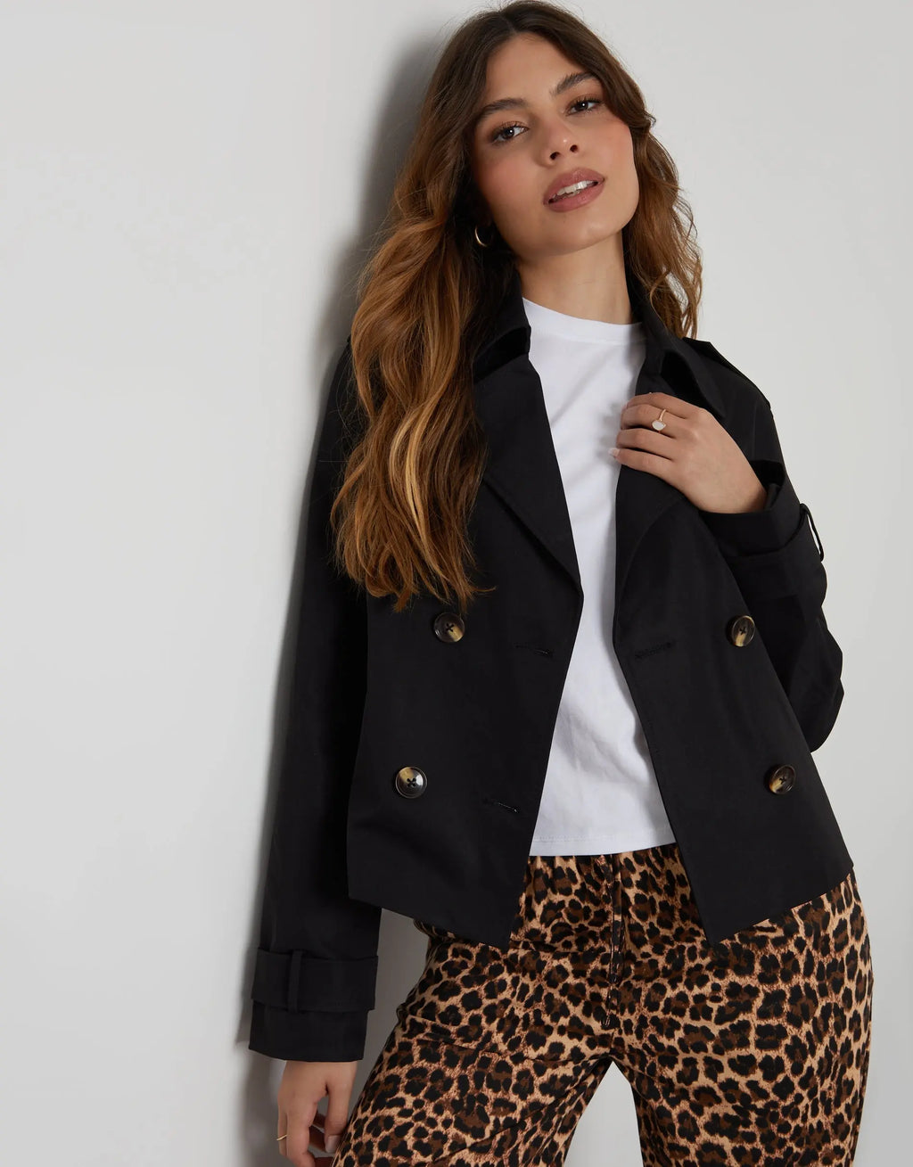 Women's Black Double Breasted Cropped Trench Coat Amsterdam Style