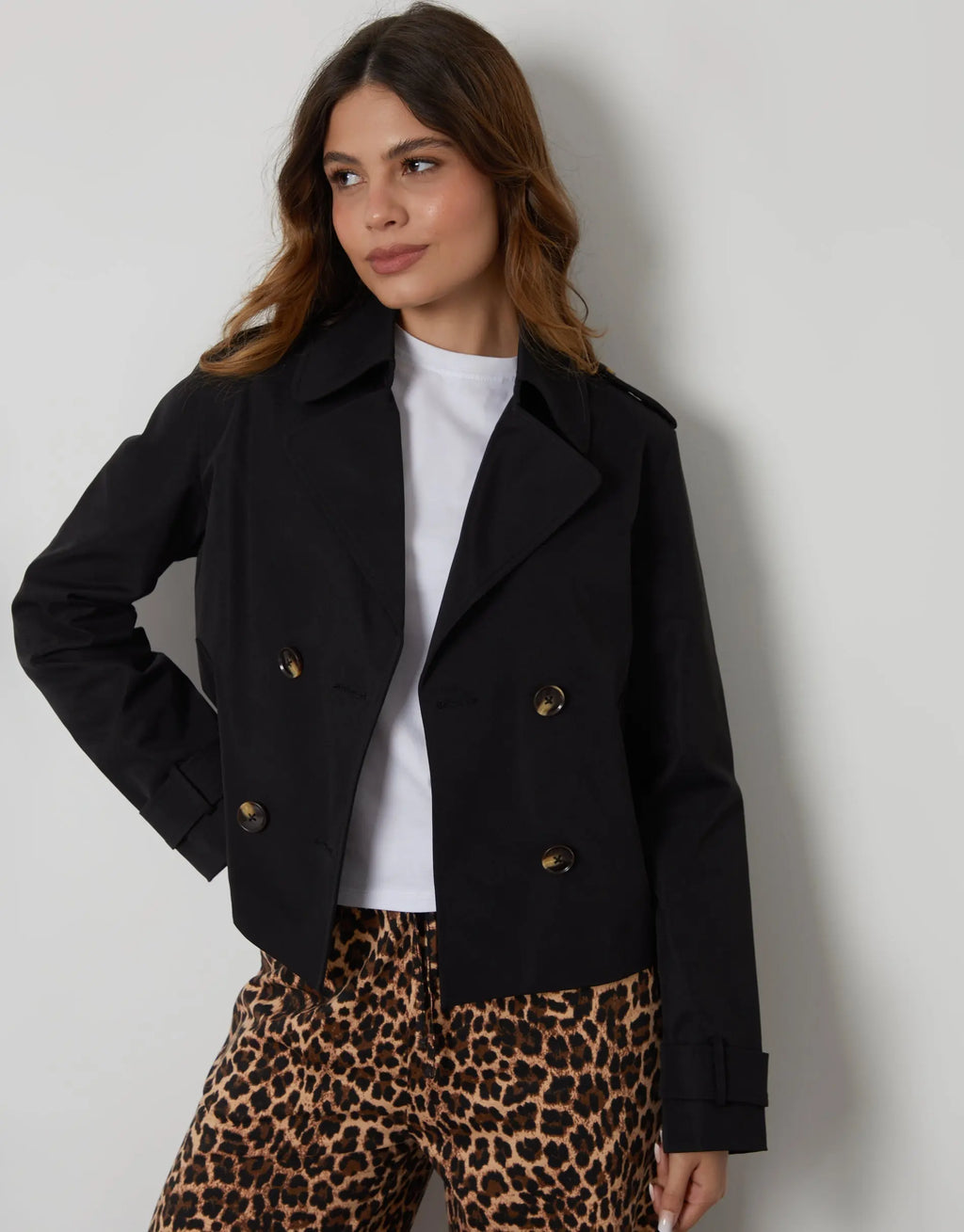 Women's Black Double Breasted Cropped Trench Coat Amsterdam Style