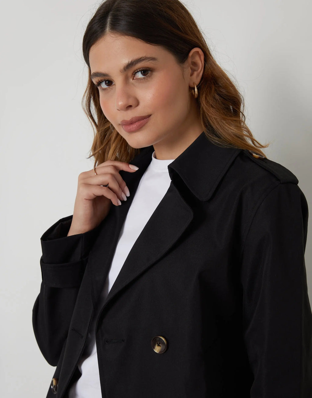 Women's Black Double Breasted Cropped Trench Coat Amsterdam Style