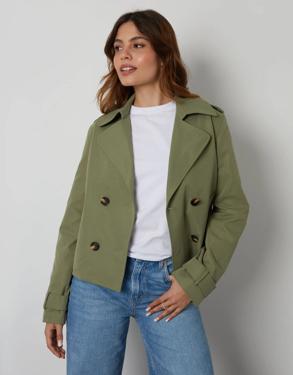 Women's Khaki Double Breasted Cropped Trench Coat Amsterdam Style