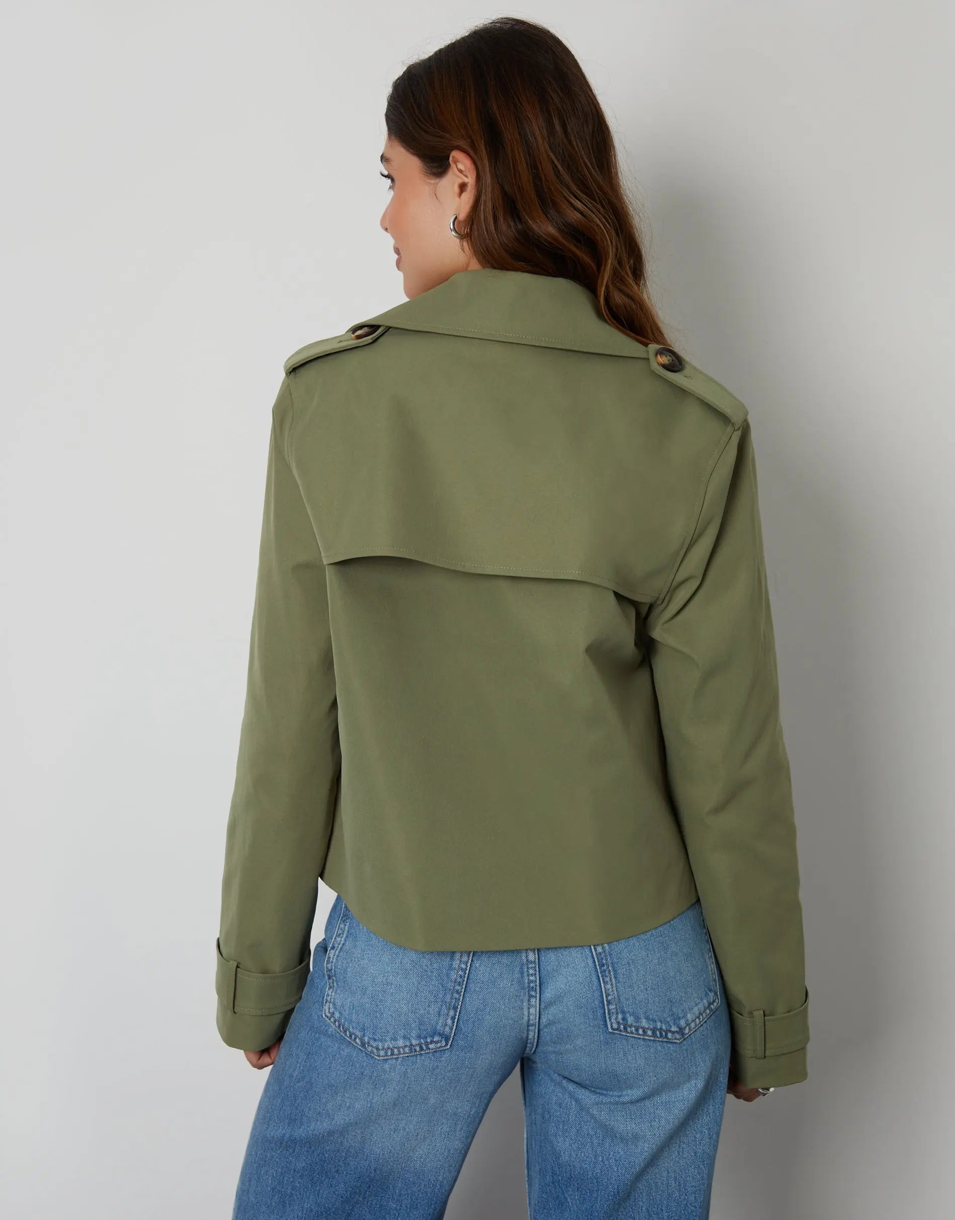Women's Khaki Double Breasted Cropped Trench Coat Amsterdam Style