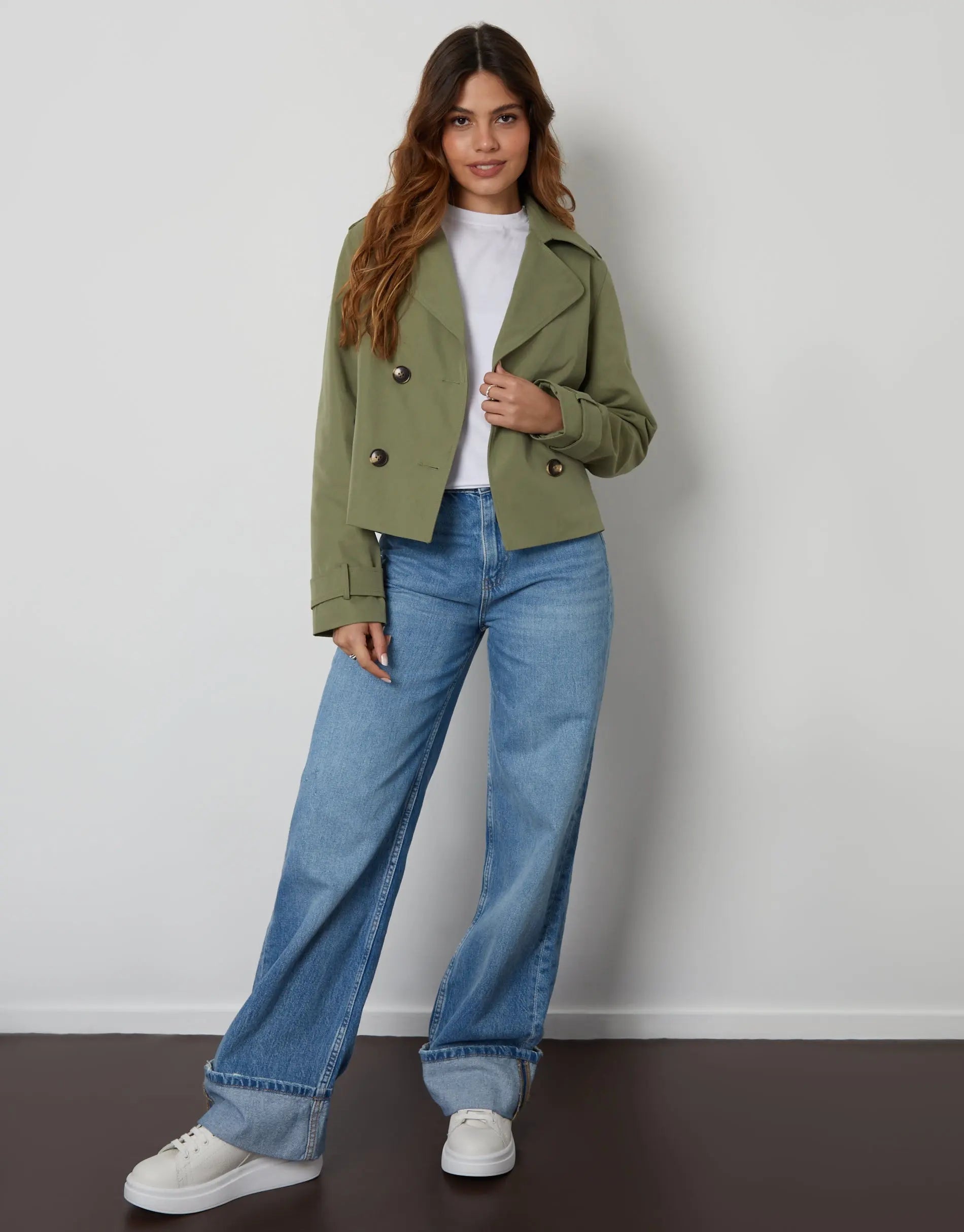 Women's Khaki Double Breasted Cropped Trench Coat Amsterdam Style