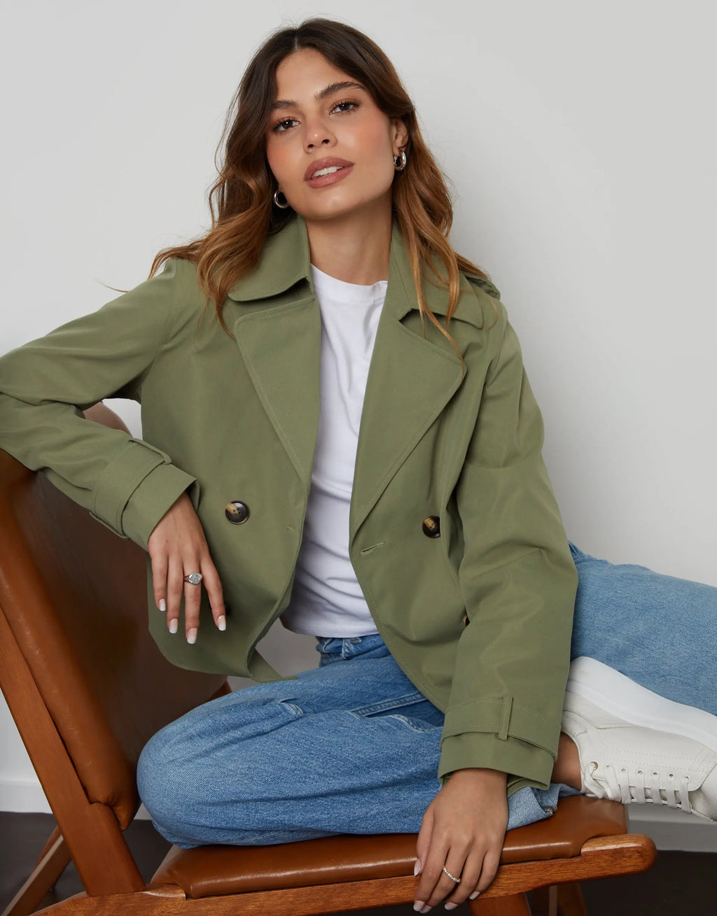 Women's Khaki Double Breasted Cropped Trench Coat Amsterdam Style