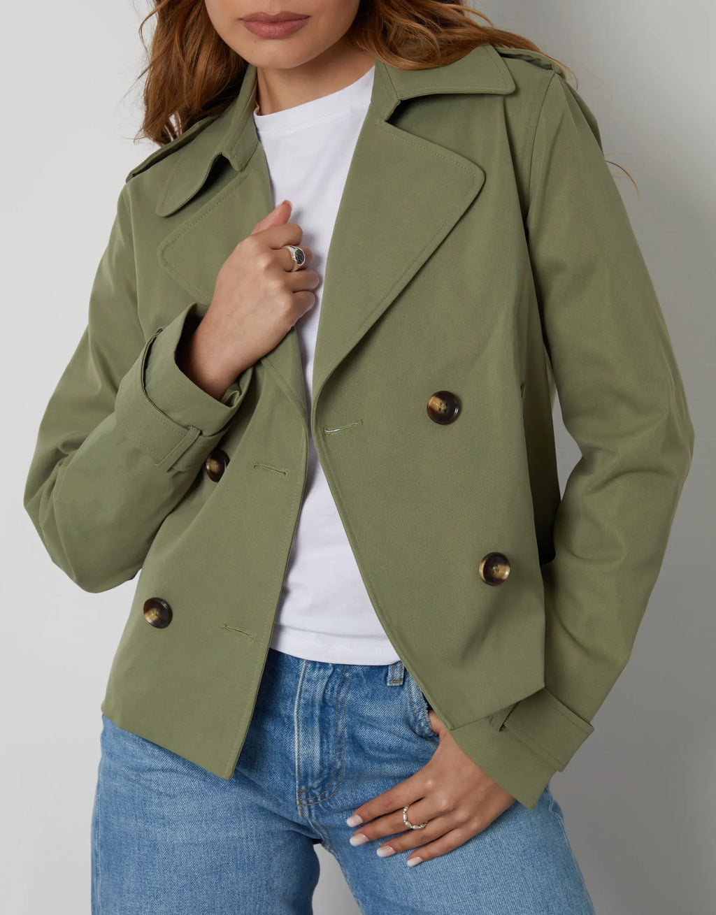 Women's Khaki Double Breasted Cropped Trench Coat Amsterdam Style