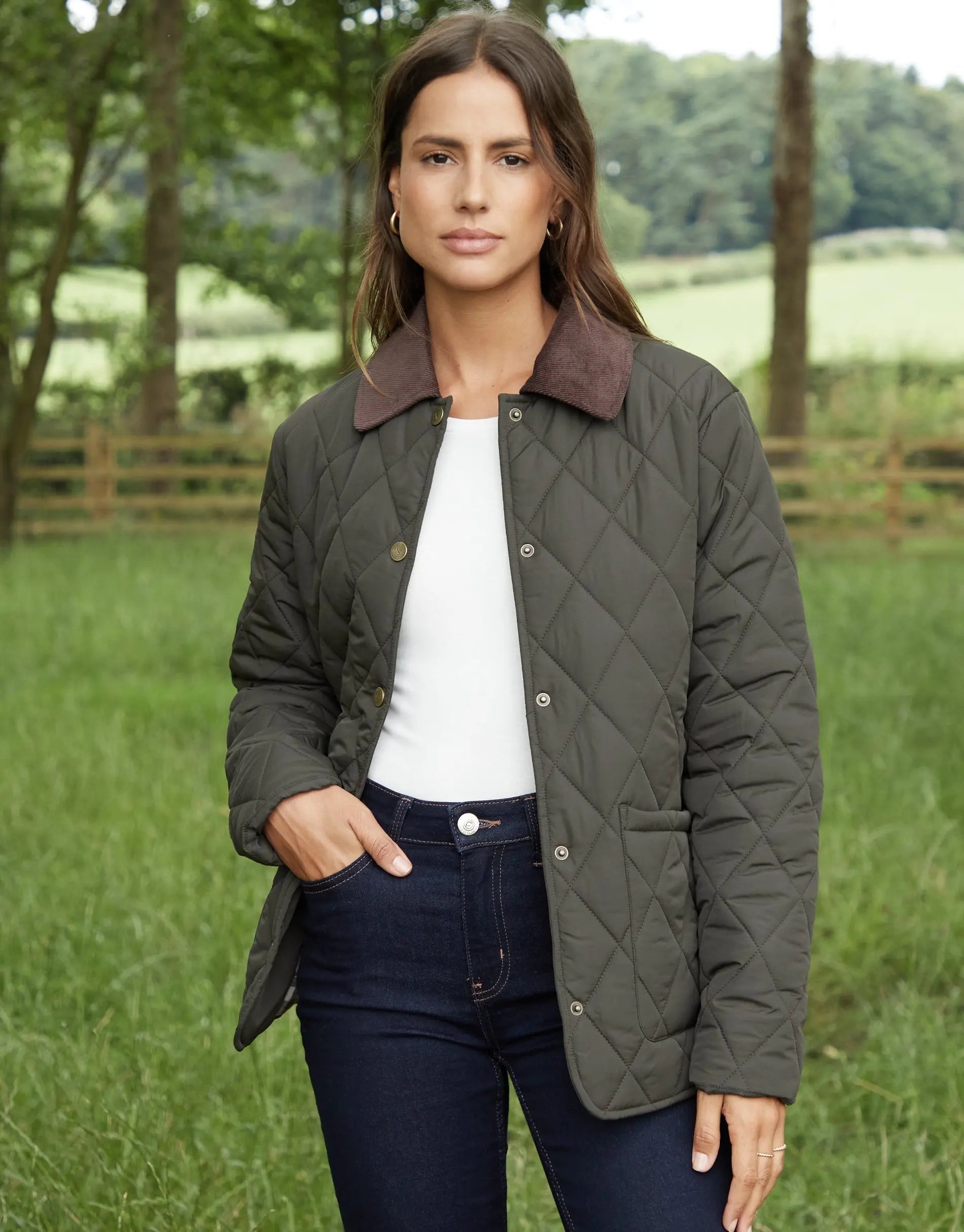 Women's Khaki Cord Collar Diamond Quilted Heritage Jacket Amsterdam Style