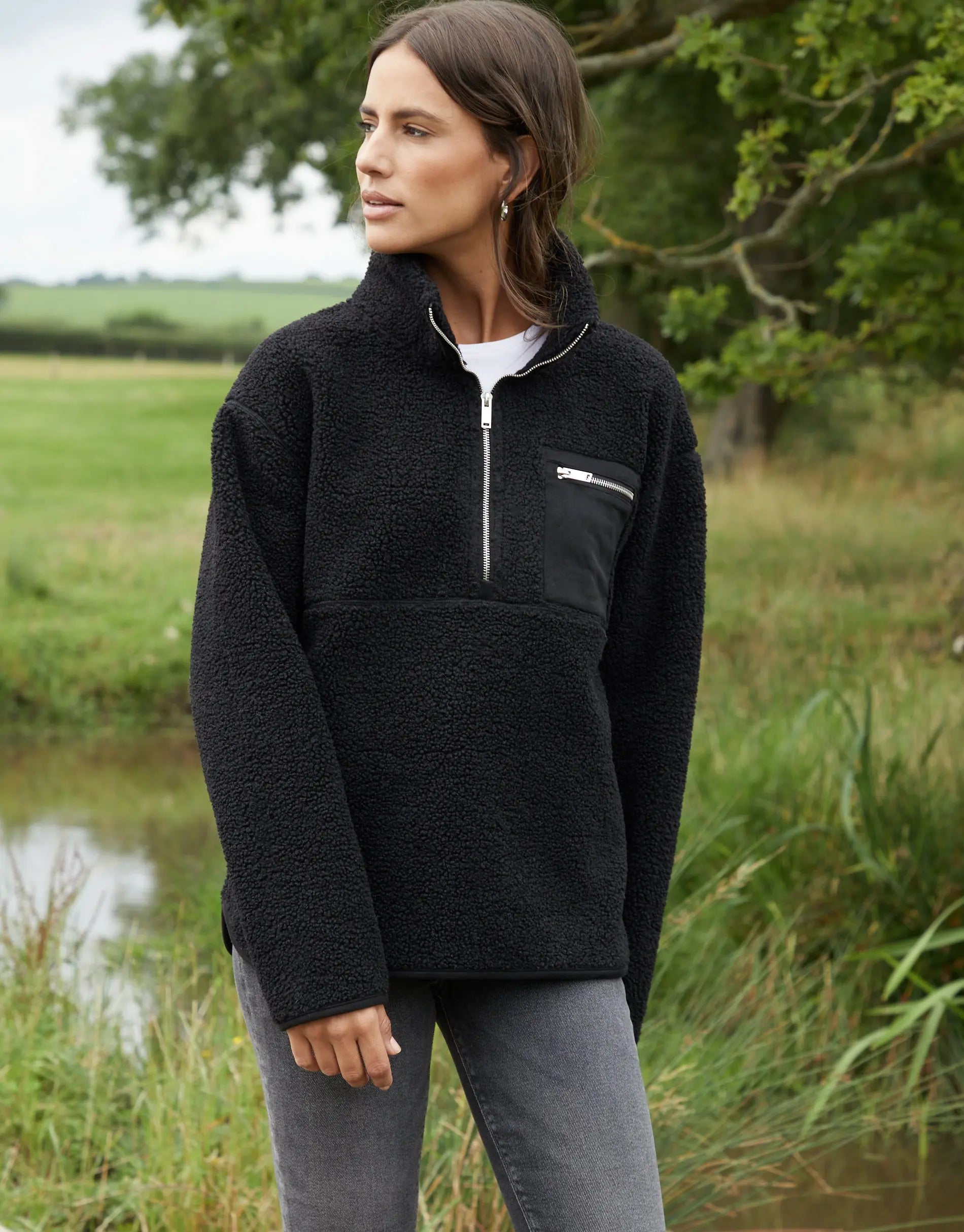 Women's Black Half Zip Borg Fleece Amsterdam Style