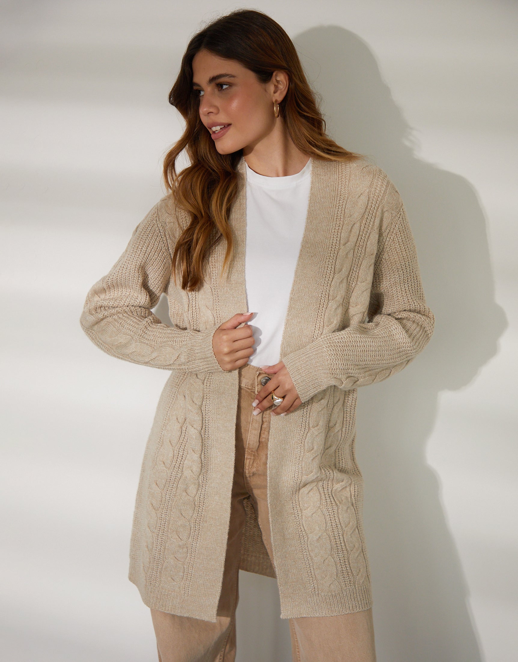 Women's Beige Cable Knit Cardigan Amsterdam Style