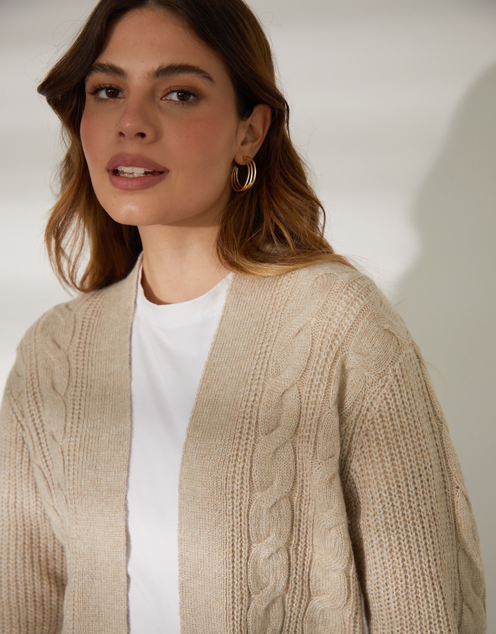 Women's Beige Cable Knit Cardigan Amsterdam Style