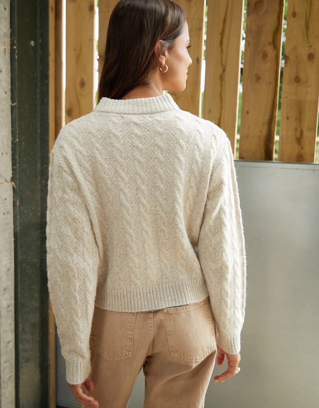 Women's Beige Cable Knit Zip-Up Bomber Jacket Amsterdam Style