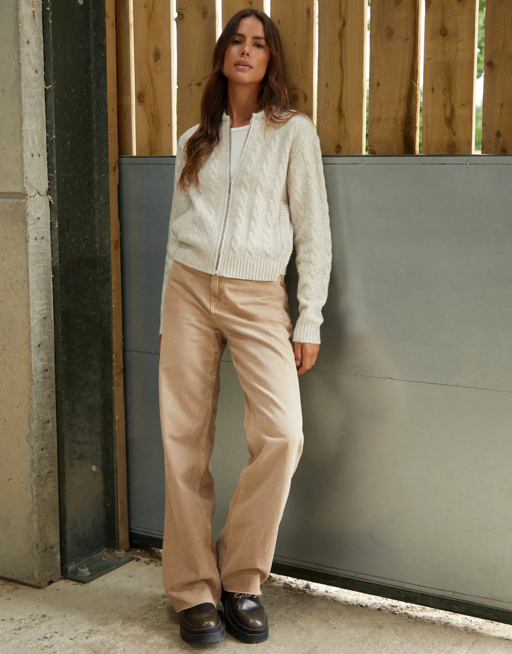 Women's Beige Cable Knit Zip-Up Bomber Jacket Amsterdam Style