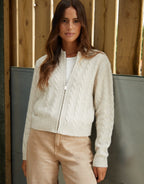 Women's Beige Cable Knit Zip-Up Bomber Jacket Amsterdam Style