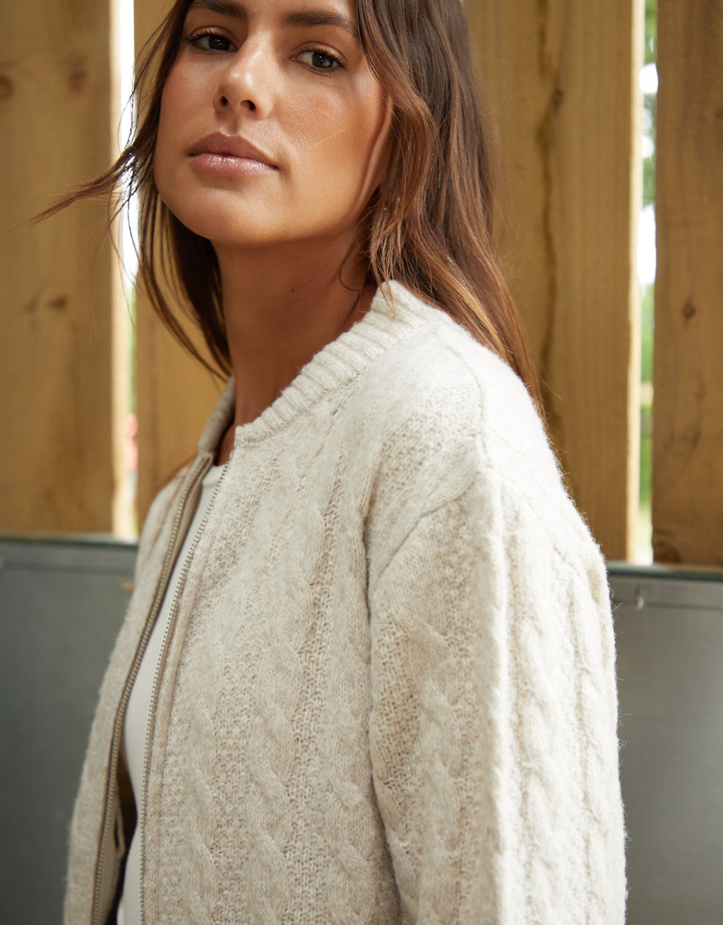 Women's Beige Cable Knit Zip-Up Bomber Jacket Amsterdam Style