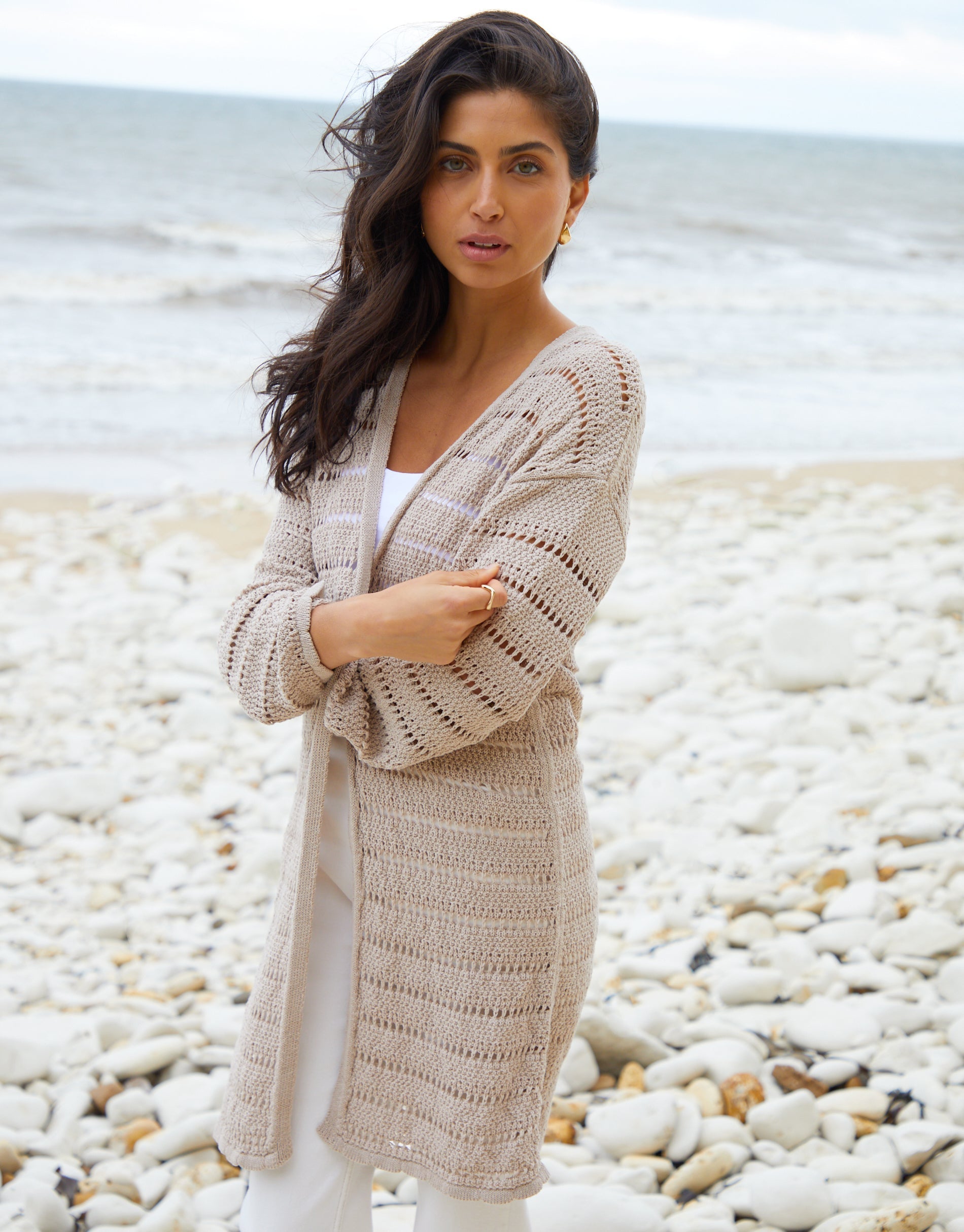 Women's Stone Longline Crochet Cardigan Amsterdam Style