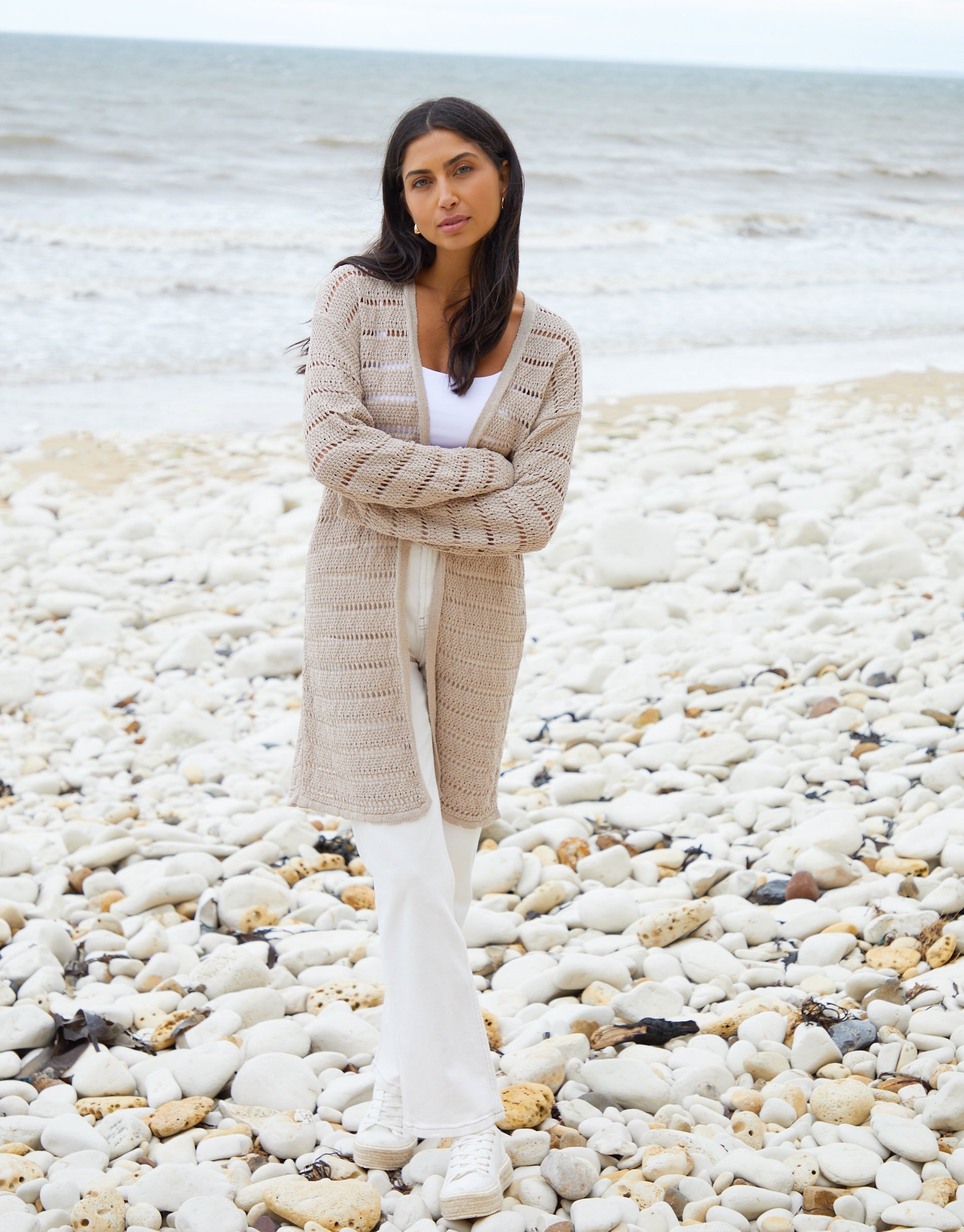 Women's Stone Longline Crochet Cardigan Amsterdam Style