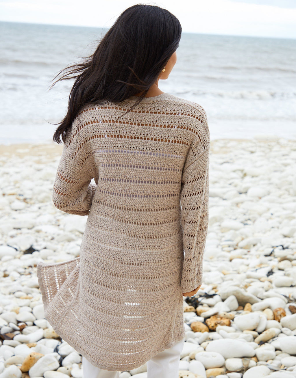 Women's Stone Longline Crochet Cardigan Amsterdam Style