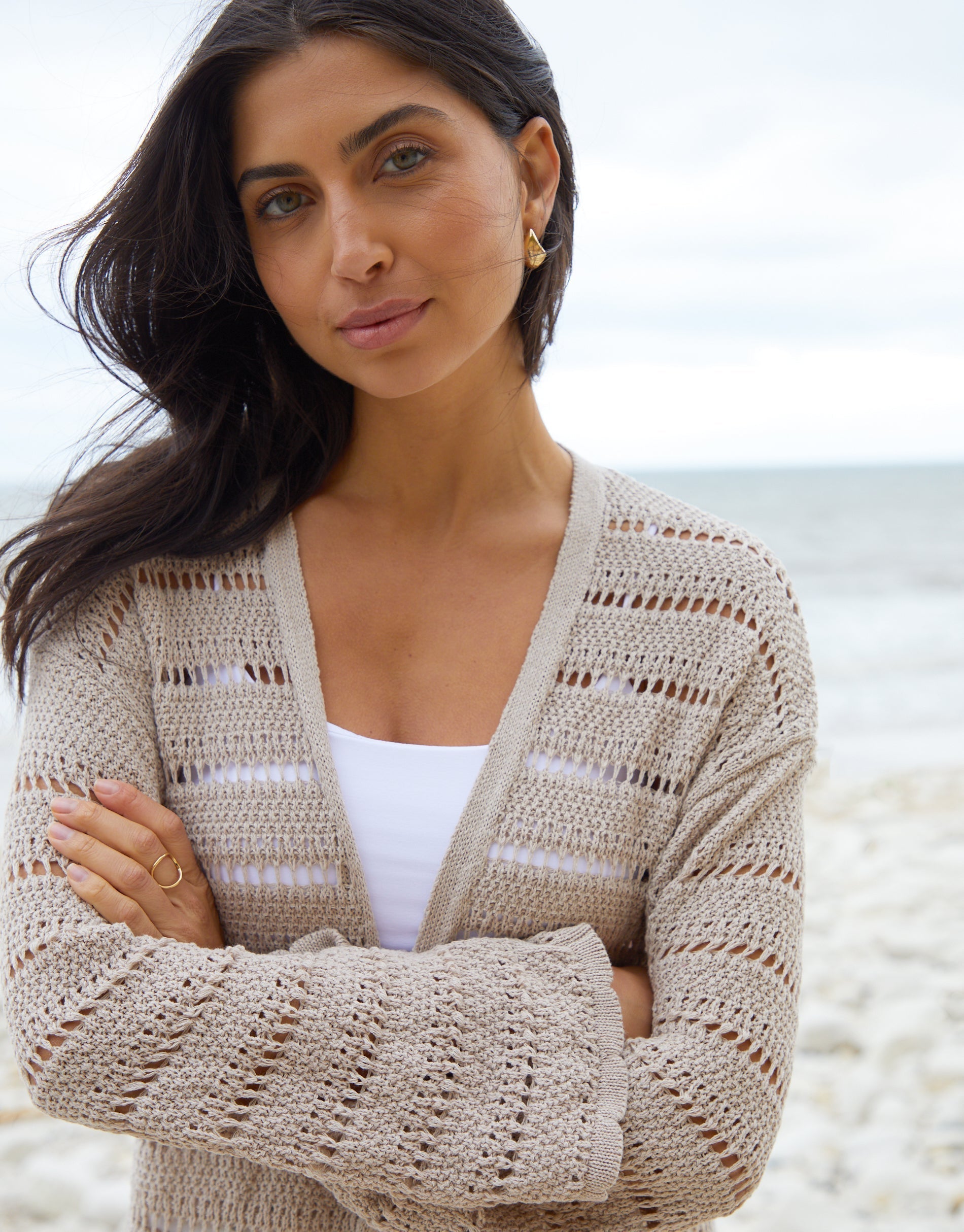 Women's Stone Longline Crochet Cardigan Amsterdam Style