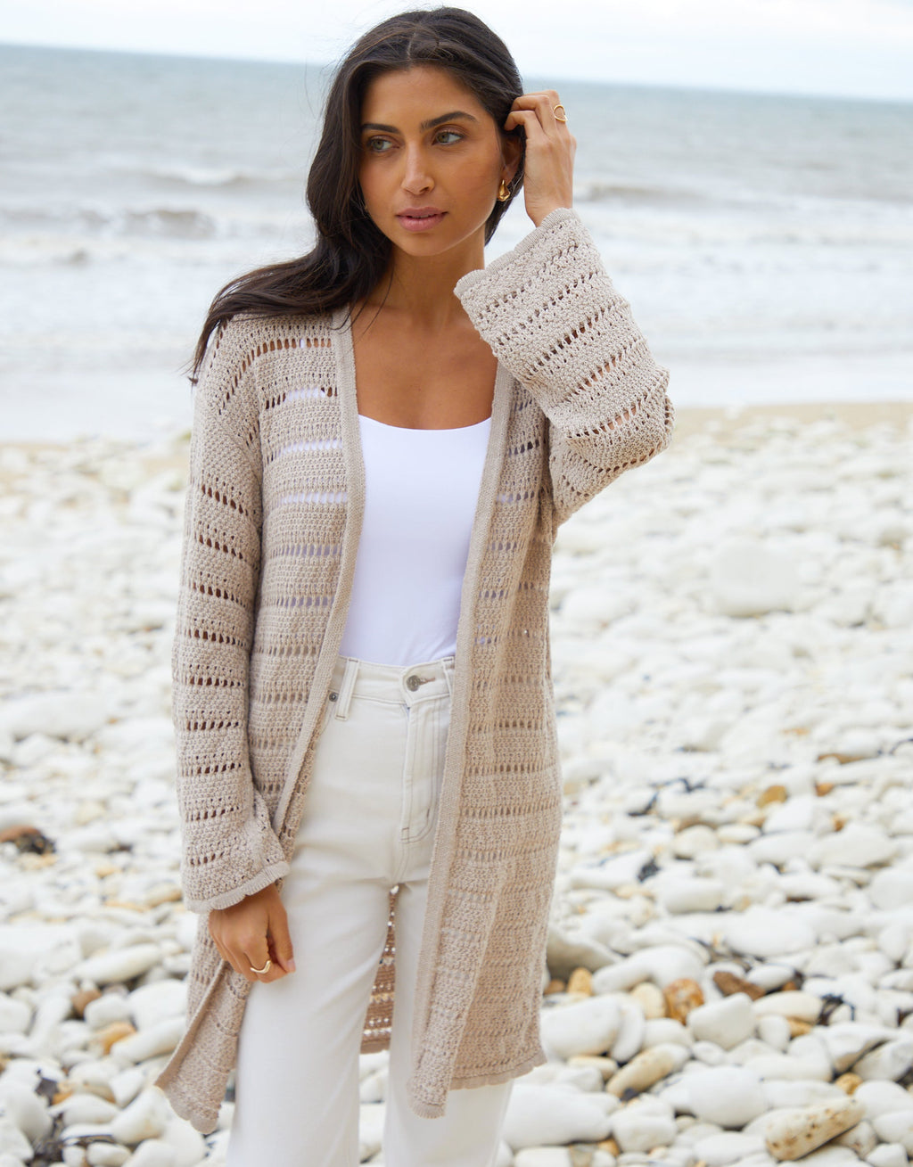 Women's Stone Longline Crochet Cardigan Amsterdam Style