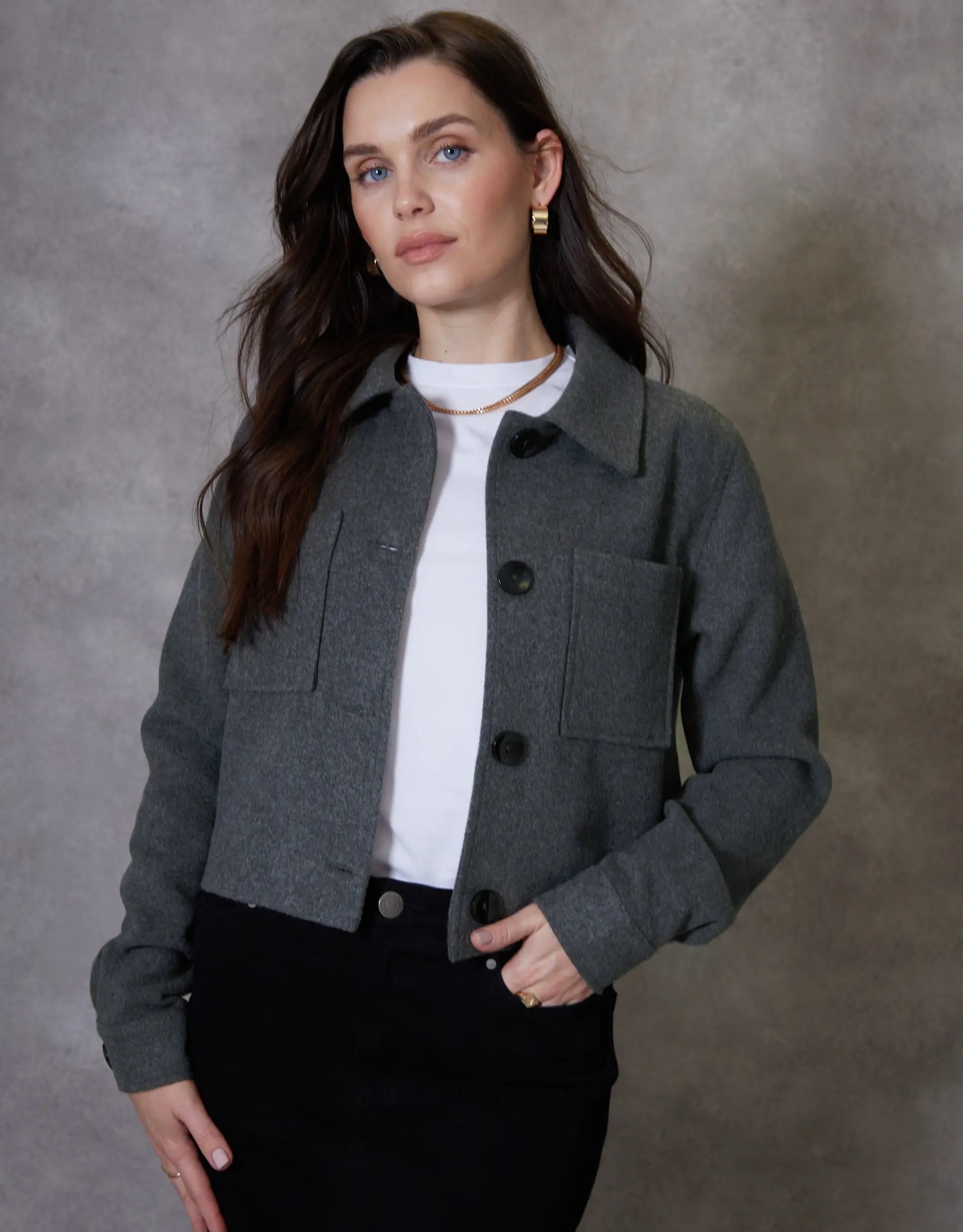 Women's Charcoal Cropped Brushed Shacket Amsterdam Style