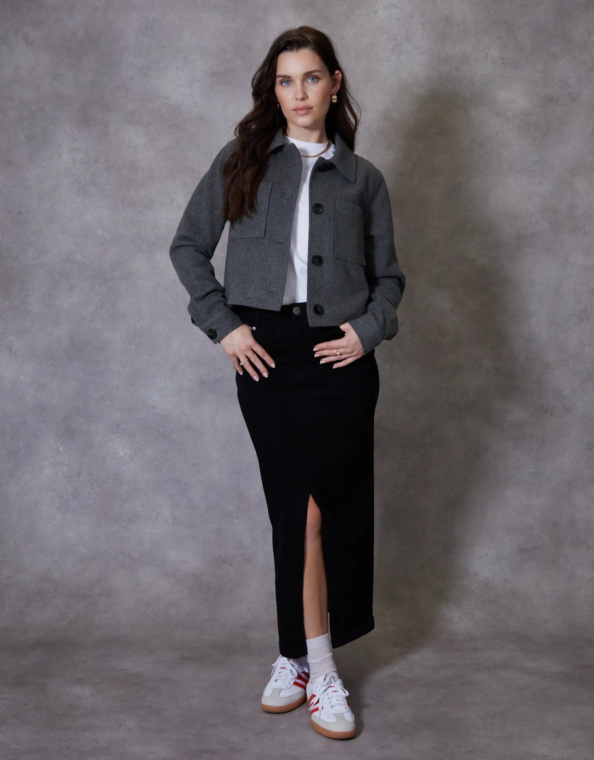 Women's Charcoal Cropped Brushed Shacket Amsterdam Style