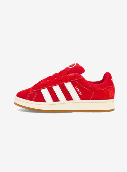 Adidas Campus 00s Vibrant Scarlet Cloud White sneakers with red suede and white stripes.