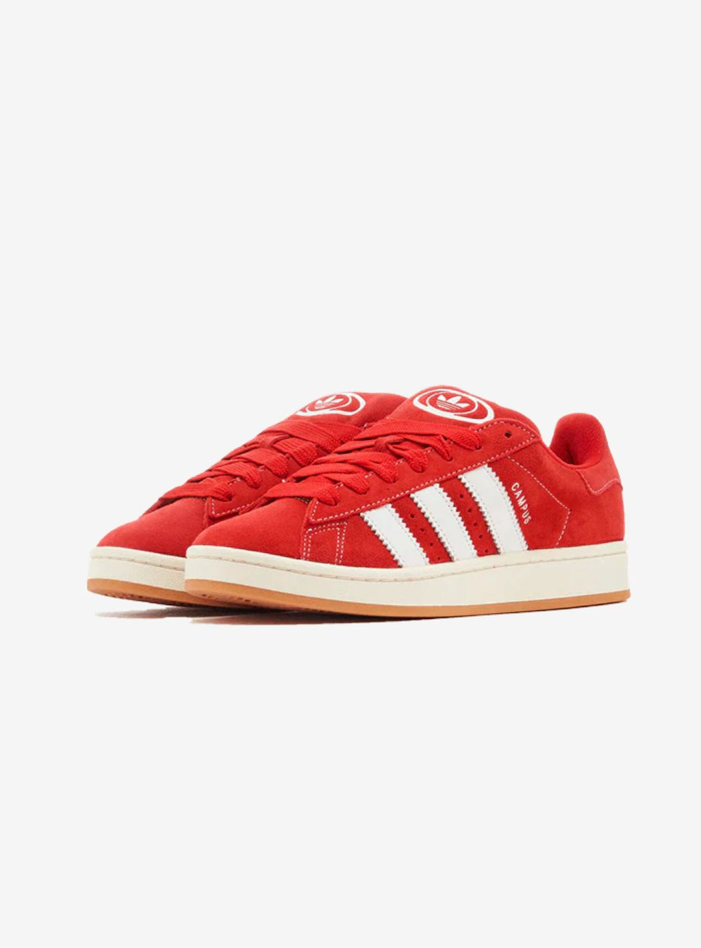 Adidas Campus 00s Vibrant Scarlet Cloud White sneakers with red suede and white stripes. 2