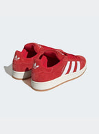 Adidas Campus 00s Vibrant Scarlet Cloud White sneakers with red suede and white stripes. 3